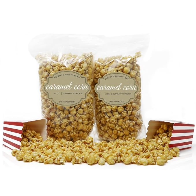 Pop?셄 Popcorn Caramel Korn - 64 oz Sweet Caramelized Flavored Pop Corn for Baseball Game Snacks, Movie Night or House Party