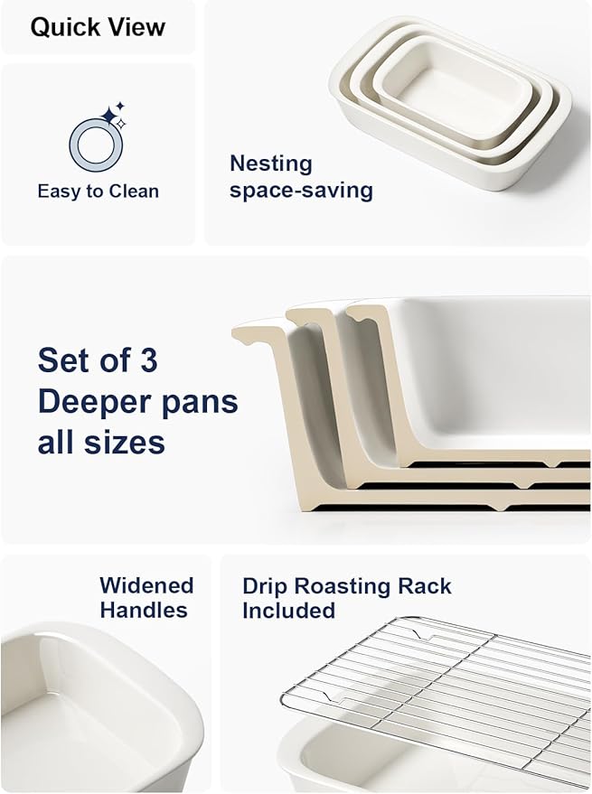LE TAUCI Deep Casserole Dishes for Oven, 13.7???.6??Ceramic Baking Dish Set with Roasting Racks, Large Lasagna Pans with Handles, Rectangular Bakeware as Gift for Mom, White (4.6QT/3.0QT/1.6QT), Set of 3