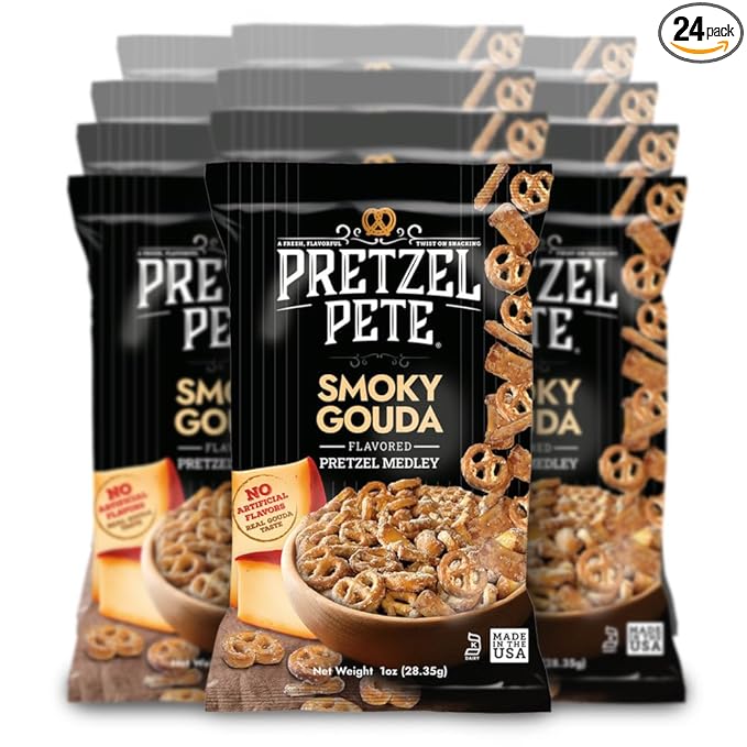 Pretzel Pete Smoky Gouda Seasoned Pretzel Medley, Single Serve Pack, Nut-Free and Sesame-Free Snack, Small Batch, Bold Flavor (1oz, Pack of 24)