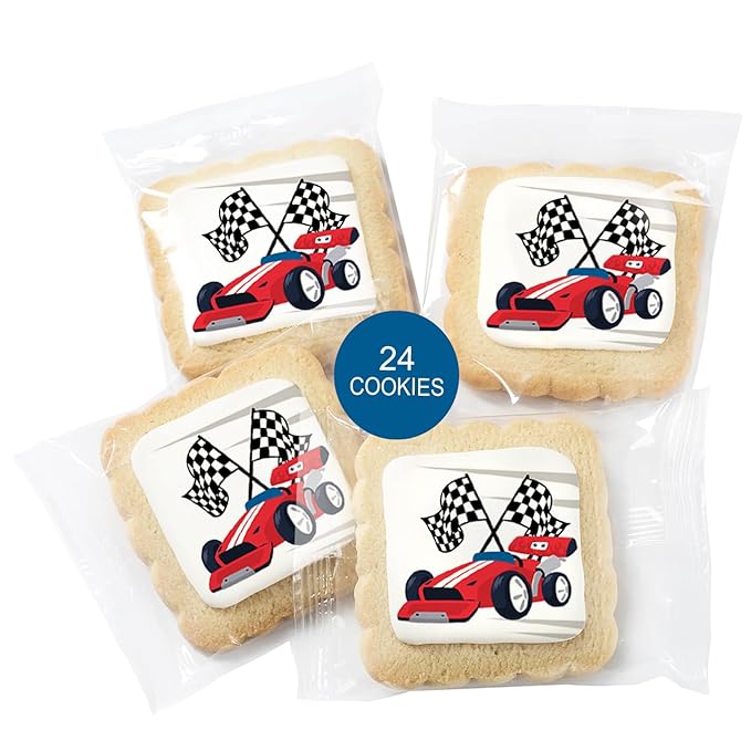 Race Car Themed Cookies Party Favors | Individually Wrapped 24 Pack Bulk | for Kids Birthday Treats | Red Black White Raceway Race Track Checkered Racing Theme