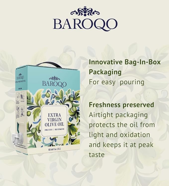 Baroqo Extra Virgin Olive Oil 3L Bag in Box Cold Pressed Olive Oil in Bulk from Greek Koroneiki Olives Robust Fruity Flavor, Fresh EVOO Ideal for Cooking and Salads