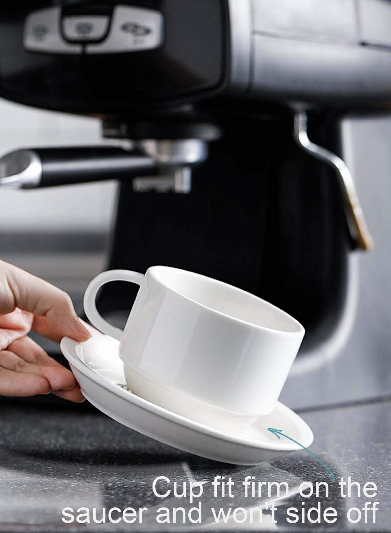 Sweese 8 Ounce Porcelain Stackable Cappuccino Cups with Saucers and Metal Stand - for Specialty