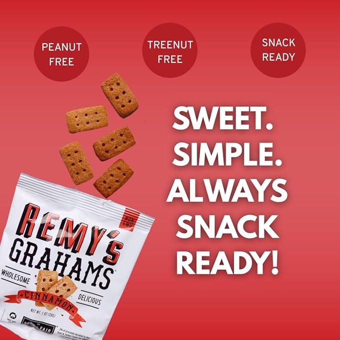 Safe + Fair Remy's Cinnamon Grahams 24ct - Wholesome Healthy Snacks - Bite-Sized Whole Grain Treats - Single-Serve Pouches for School Lunches - Peanut/Tree Nut-Free - EBT Eligible Food Items