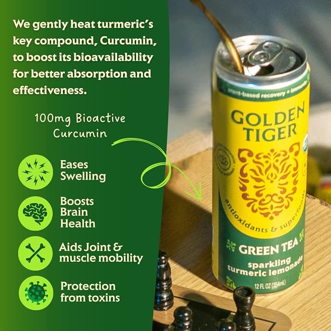 Golden Tiger Turmeric Sparkling Lemonade, Green Tea 12-Pack ??Curcumin & Ginger for Inflammation ??Sparkling Wellness Drink with Organic Superfoods + Antioxidants for Recovery, Immunity, Gut Health - 4g Sugar, 20 Calories