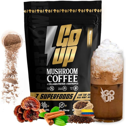 Go Up Mushroom Coffee, Instant Mushroom Coffee Mix with Reishi, L-Theanine, Collagen, Vitamins B6 & B12 – Adaptogenic Blend for Energy, Focus, and Digestive Health 30 Servings of Mushroom Coffee