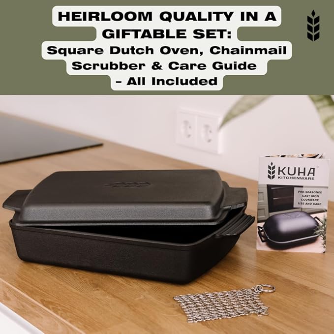 Kuha 2-in-1 Square Cast Iron Dutch Oven, 6 QT ??Skillet Lid & Casserole Dish, Pre-Seasoned 13?? Baking/Roasting Pan, Oven-Grill-Campfire Safe, Comes with Chainmail Scrubber