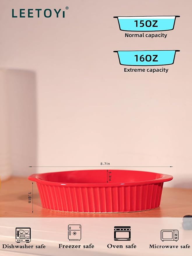 LEETOYI Porcelain Small Oval Au Gratin Pans,Set of 4 Baking Dish Set for 1 or 2 person servings, Bakeware with Double Handle for Kitchen and Home, Red