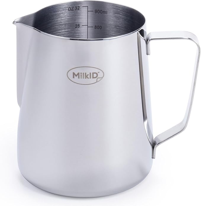 Stainless Steel Milk Frothing Pitcher | Compatible with MilkID Labeling System | Espresso Accessories Kit | Barista Tools | Latte Art Pitcher (32oz / Pitcher Only)