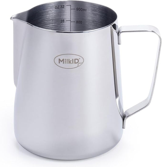 Stainless Steel Milk Frothing Pitcher | Compatible with MilkID Labeling System | Espresso Accessories Kit | Barista Tools | Latte Art Pitcher (32oz / Pitcher Only)