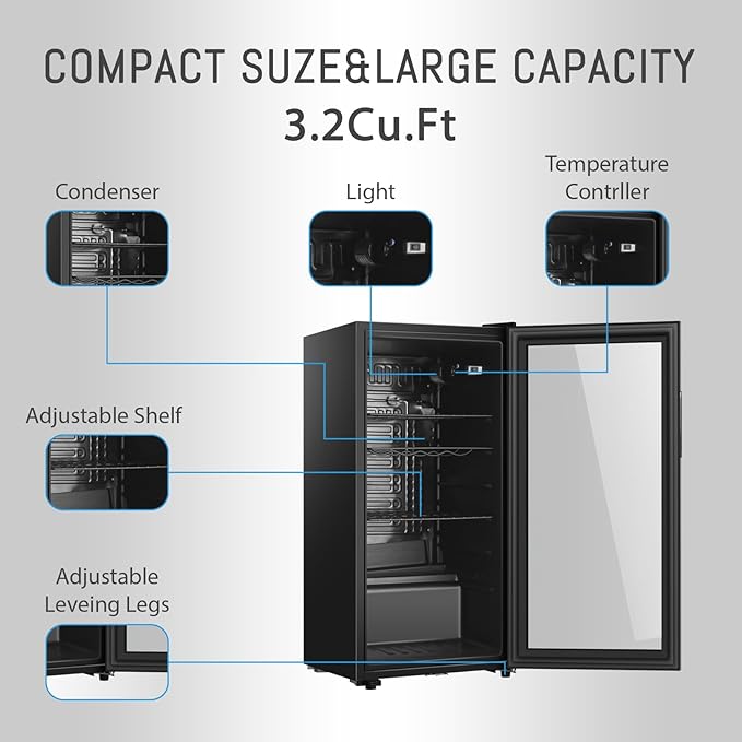 Beverage Refrigerator, 3.2 Cu. Ft, Mini Fridge with Glass Door for Soda Beer, Freestanding Beverage Cooler for Office, Bar, Adjustable Shelving&Adjustable Foot