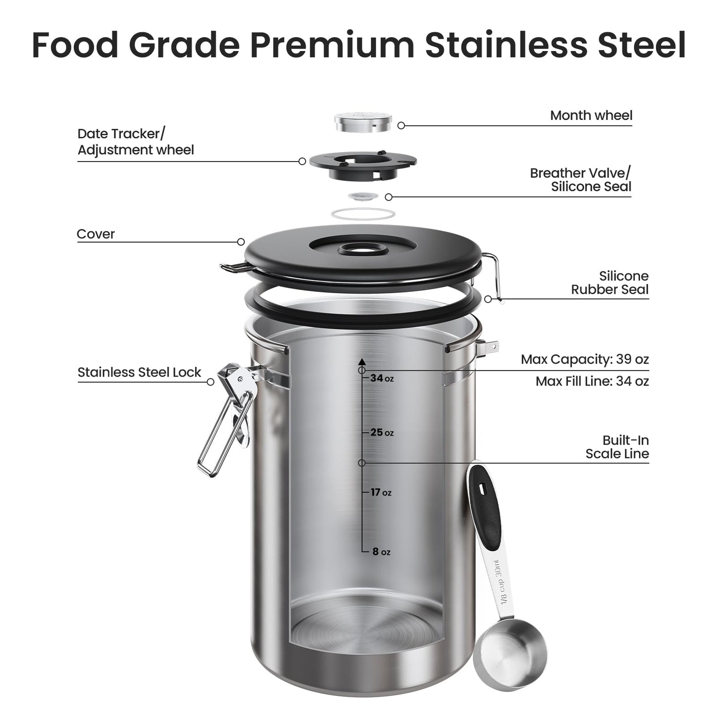 Veken Coffee Canister,39OZ, 2.2lbs,Large Airtight Stainless Steel Container