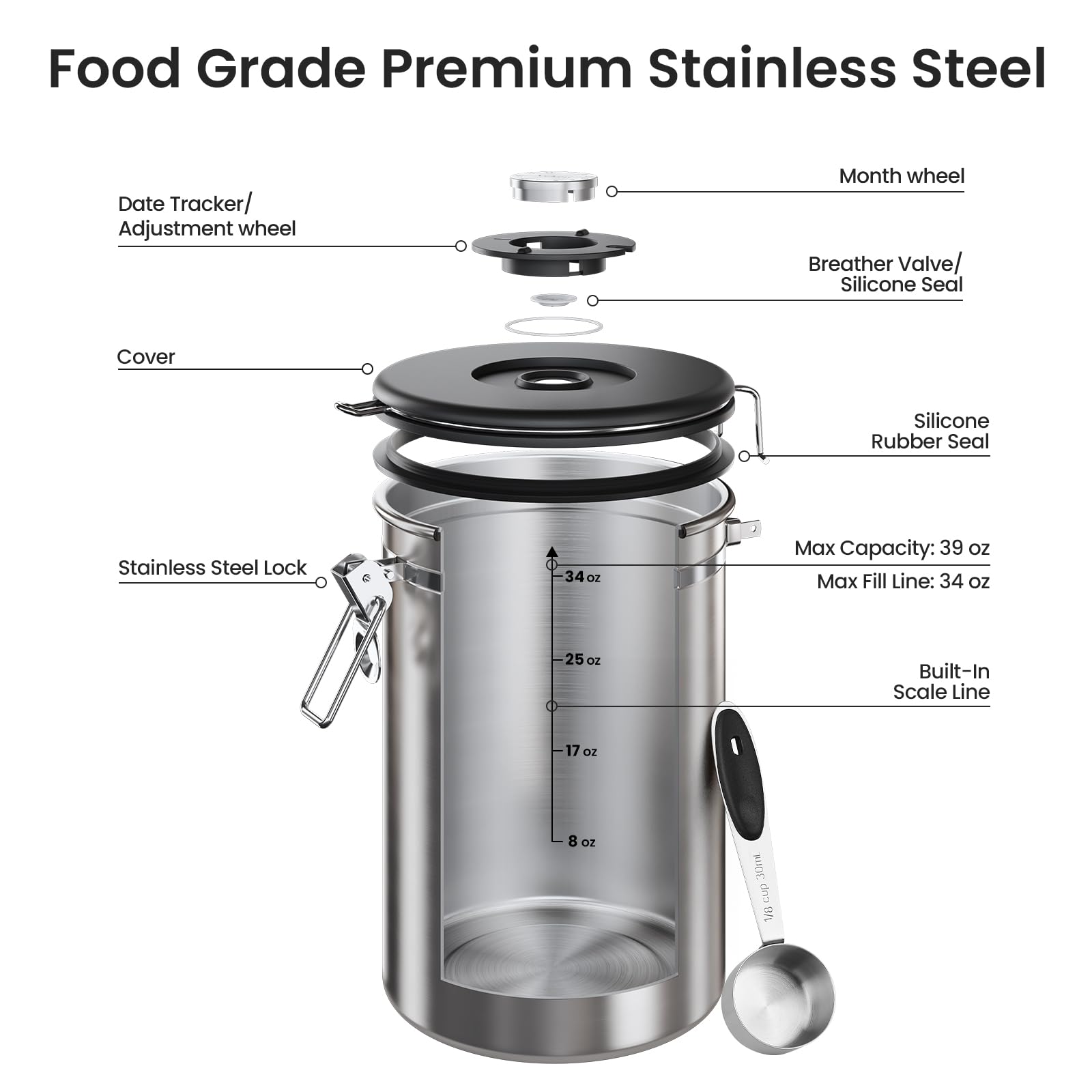 Veken Coffee Canister,39OZ, 2.2lbs,Large Airtight Stainless Steel Container