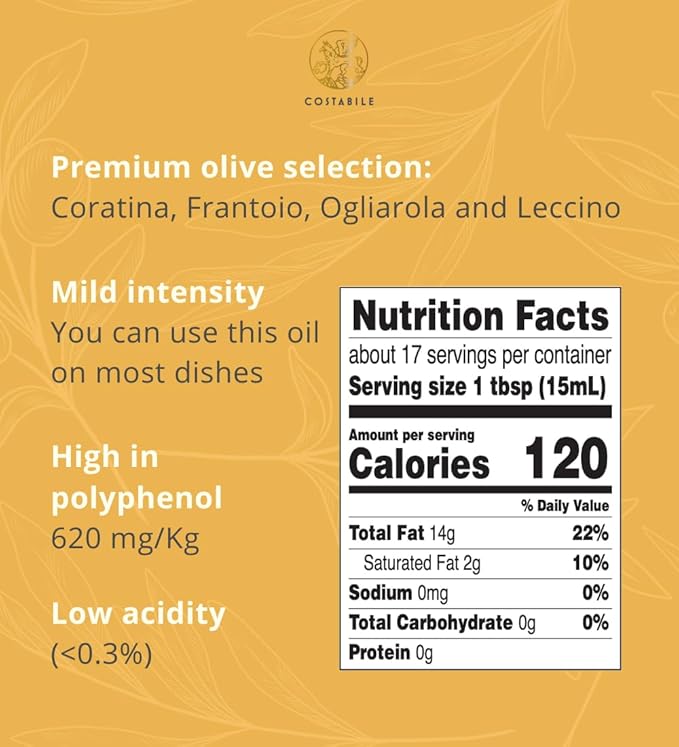 Costabile Orange Infused Olive Oil, Extra Virgin Organic from Italy. Polyphenol rich olive oil flavored with natural Italian orange. For salads, baking and cooking healthy keto friendly food 8.45Fl.Oz