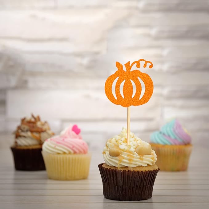 24pcs Orange Glitter Pumpkin Cupcake Toppers - Fall Theme Picks for Thanksgiving, Halloween, Birthday, Baby Shower Party Decoration Supply