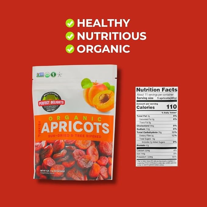 Perfect Delights Sun-Dried Organic Turkish Apricots, Vegan & Healthy Fruit Snack for Kids and Adults - Single Pack (16 oz)