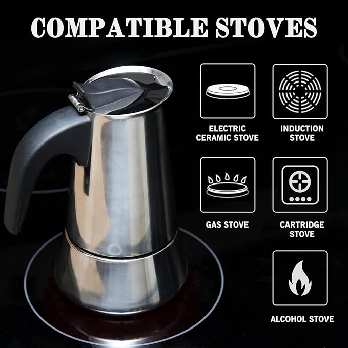 Stainless Steel Stovetop Moka Pot Espresso Maker Percolator 12 Cup 600ml Portable Italian Greca Cuban Coffee Maker for Big Family Home Office Camping, Work with Gas Electric Ceramic Stovetop