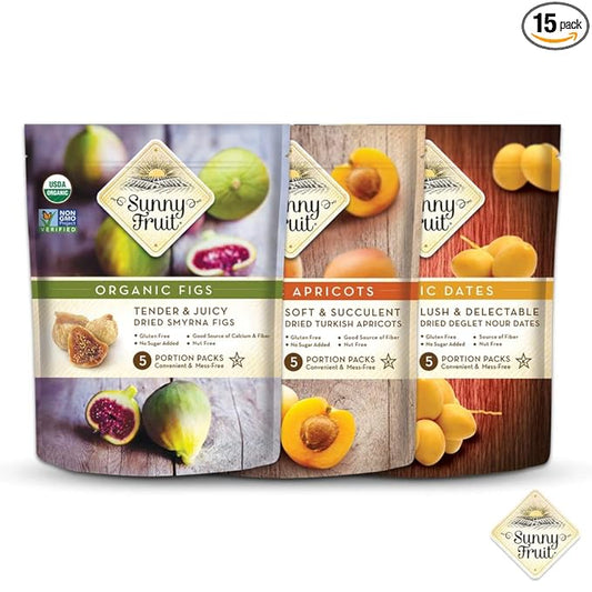 Sunny Fruit Organic Dried Fruit Assortment - Dates, Figs & Apricots Variety, 3 Bags (15 Individual Portion Packs) | No Preservatives, No Sugar Added | ORGANIC, NON-GMO, VEGAN, HALAL, KOSHER