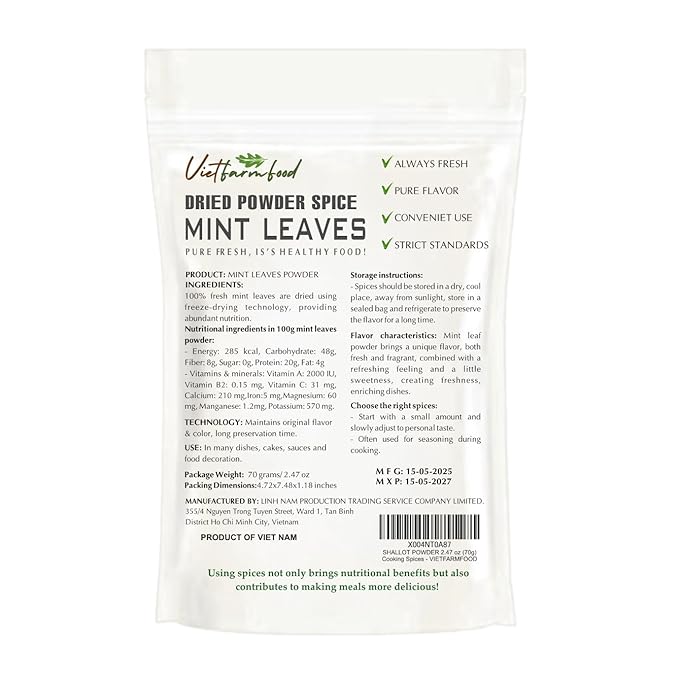 MINT LEAVES POWDER 2.47 Oz (70g) VIETFARMFOOD: Pure, natural freeze-dried spice made from real