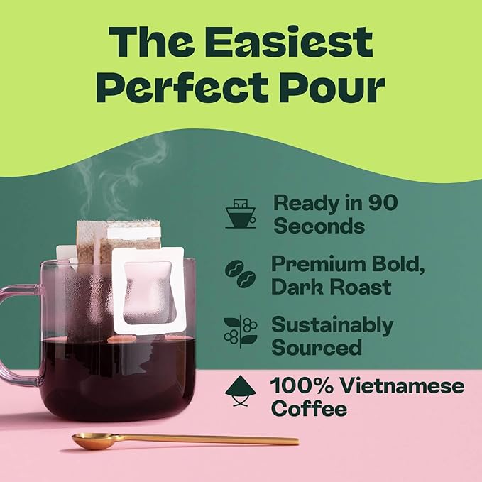 Copper Cow Premium Pour Over Single-Serve Vietnamese Coffee | Vanilla | Dark Roast | Flavored with Vanilla Beans | Includes 8 Coffees