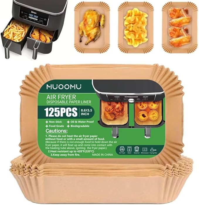 Air Fryer Disposable Paper Liners for Ninja Dual Airfryer Accessories, Non-Stick Parchment Rectangular for Baking, Oil Proof, Water Proof, for Microwave Oven (125PCS, 8.6in x 5.5inç«?,<div>