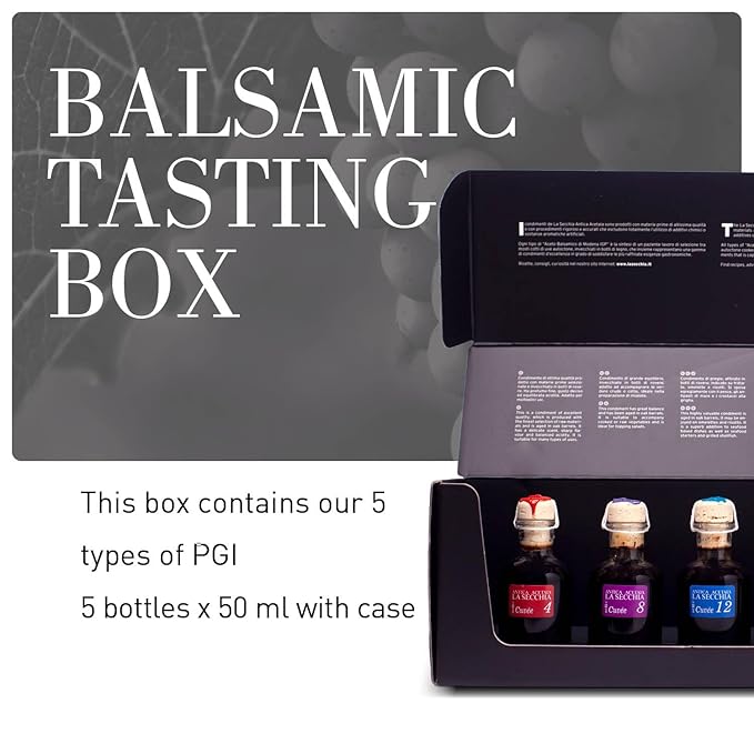 La Secchia Balsamic Vinegar of Modena PGI Tasting Box of 5 Varieties of Balsamic Vinegar of Modena PGI with Different Ages, 5 Bottles of 50 ml, Handmade in Italy