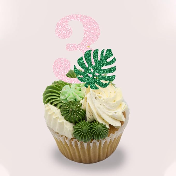 Safari Wild Three Cupcake Topper 3rd Birthday Party Decoration For Girl Jungle Glitter Tropical Leaf Food Picks Pink 3