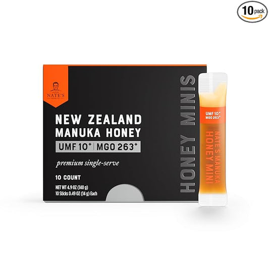 Nate's Manuka Honey Minis - 10 count Single-serve, Pure Manuka Honey - MGO 263+ | UMF Certified 10+ - 10 Single-Serve Packets for On-the-Go Daily Wellness