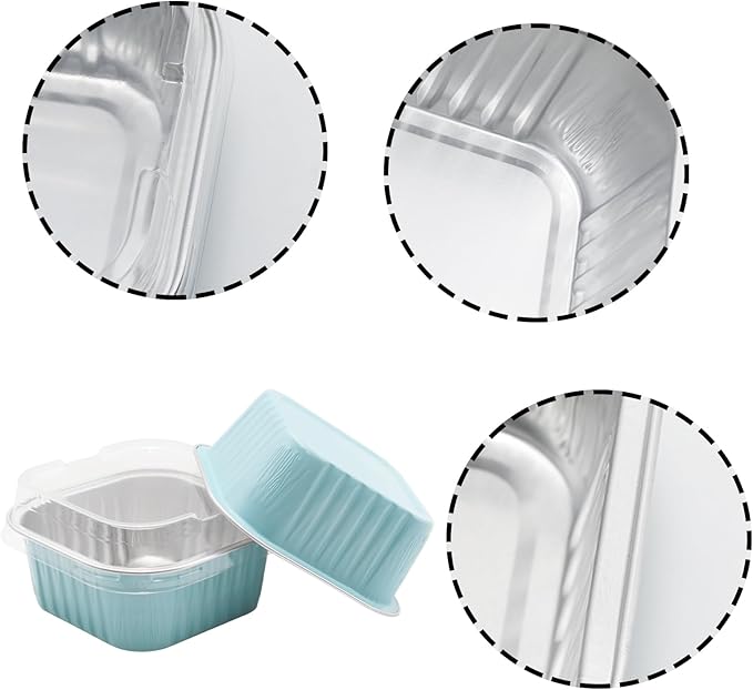 100 Pack 5oz Aluminum Pans with Lids Mini Square Foil Baking Cups with Lids Cupcake Baking Holders, Blue
