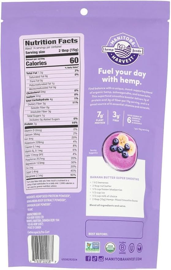 Manitoba Harvest Organic Hemp+ Mood, Ashwagandha & Lemon Balm, Smoothie Booster Powder Blend, 7.5 oz