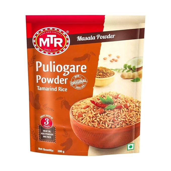 MTR Puliogare Powder – Authentic Indian Spice Blend of Tamarind, Coconut, Red Chilli, Jaggery, Peanuts, Coriander, Curry leaves and Sesame – Ideal for Tamarind Rice in 3 Easy Steps – 200g