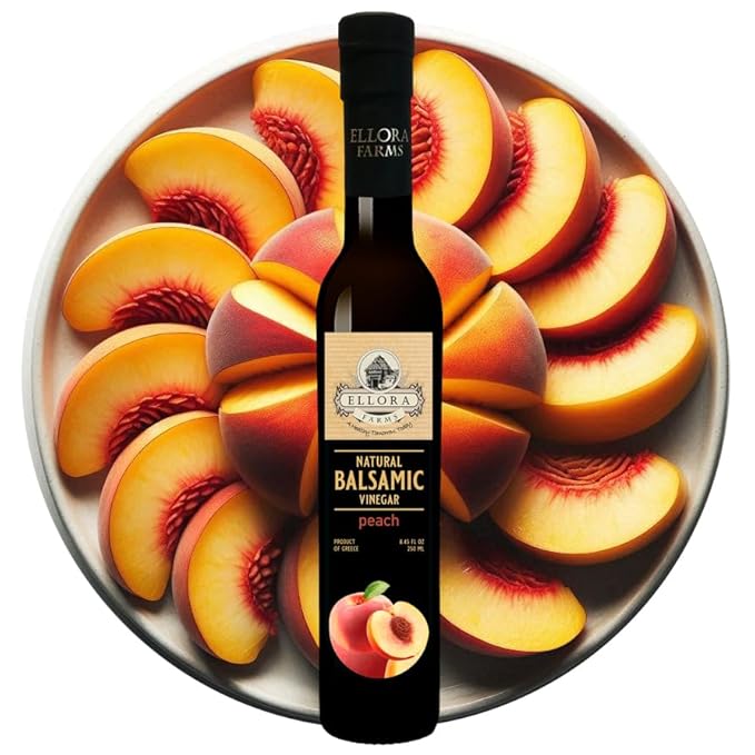Ellora Farms, Peach fruit Infused Greek Balsamic Vinegar, thick and creamy, no-added sugars, no-preservatives, 8.45 oz. bottle, Pack of 1