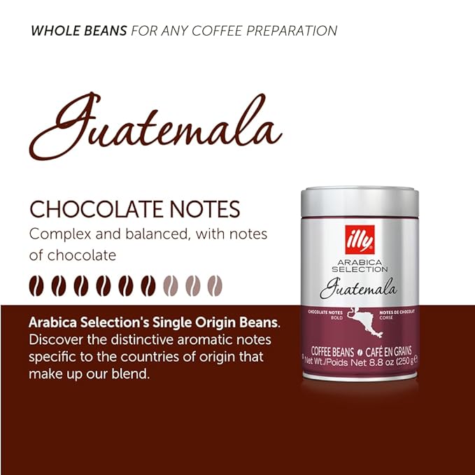 illy Whole Bean Coffee - Perfectly Roasted ??Guatemala Dark Roast - with Notes of Chocolate ??Complex & Balanced - 100% Arabica Beans - No Preservatives ??8.8 Ounce