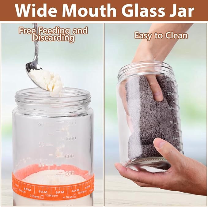 2 40oz Large Sourdough Starter Jar Glass Kit Wide Mouth with Silicone Spatula, Aluminum Lid, Cloth Cover, Date Marked Band, Thermometer, Stainless Steel Dough Scraper