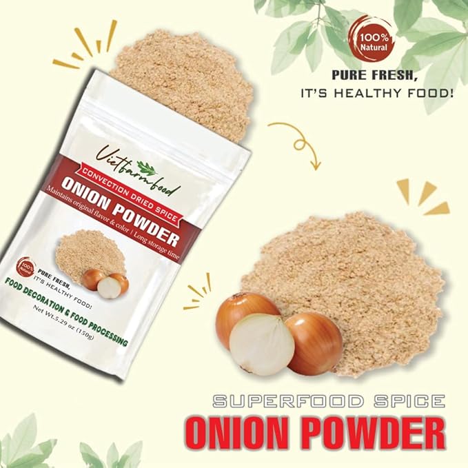 ONION POWDER 5.29 Oz (150g) VIETFARMFOOD: Natural pure, convection dried seasoning made from real vegetables - perfect for adding flavor to any meal, from cooking, baking, salads, soups, sauces