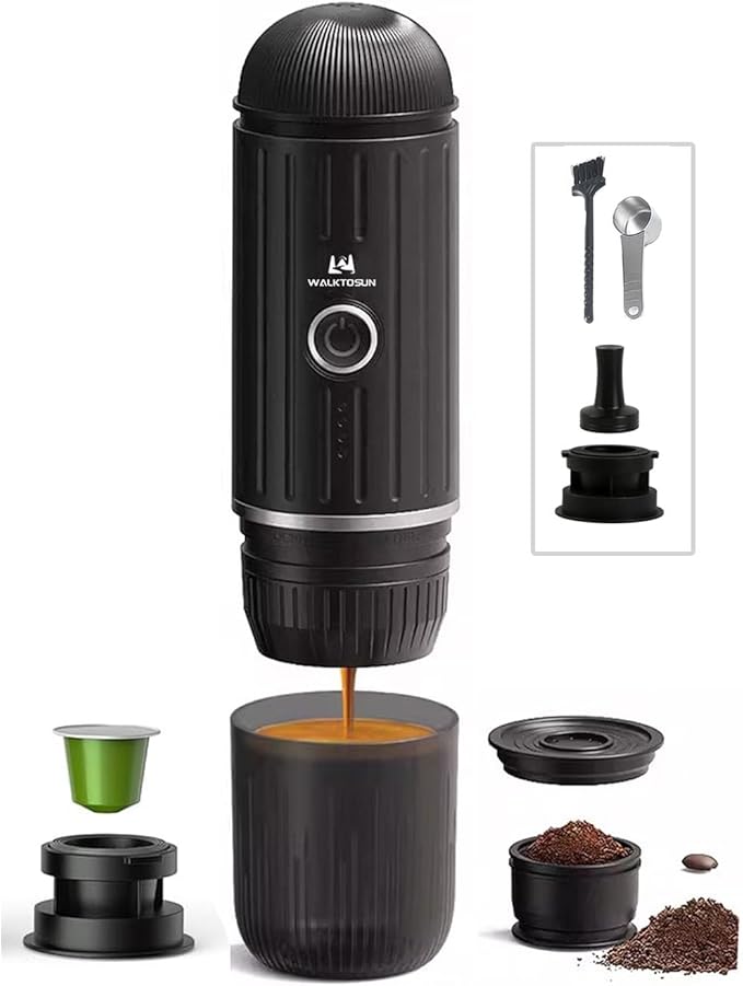 Portable Espresso Coffee Maker Electric Expresso Maker Self Heating Battery Powered, 19 Bar Pressure, Coffee Machine with Ground Coffee & NS Capsule for Travel,Outdoors竊똂amping,RV,Hiking,Office(Black)