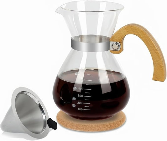 Pour Over Coffee Maker Set, with Double-Layer Stainless Filter and Wooden Handle, 20 oz 600ml Thickened Borosilicate Glass Pour Over Coffee Dripper for Home Caf챕