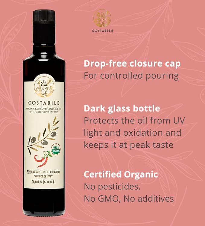 Chilli oil. Spicy Extra Virgin Olive Oil from Puglia, Italy, Infused with Organic Hot Red Peppers. Perfect as Spicy Vegan Chili Dressing - COSTABILE 16.9 Fl. Oz.