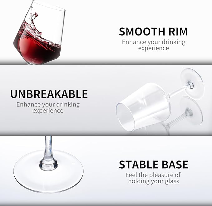 18-ounce Unbreakable Wine Glasses-Acrylic Plastic Stem Wine Glasses, set of 6-All Purpose,Red or White Wine Glass,Dishwasher Safe,BPA Free (Clear, Medium)