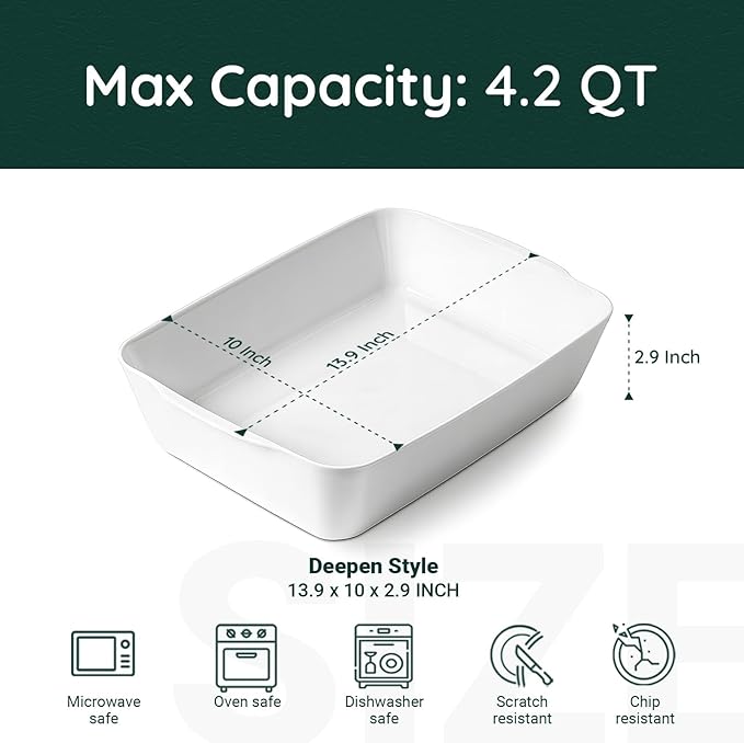 4.2 QT Deep Ceramic Baking Dish, White Casserole Dish, Lasagna Pan for Oven, Ceramic Baking Pan, Kitchen Decor, Microwave Oven Safe, Dinner, Weddingç«?0" x 13.9"ç«?,<div>