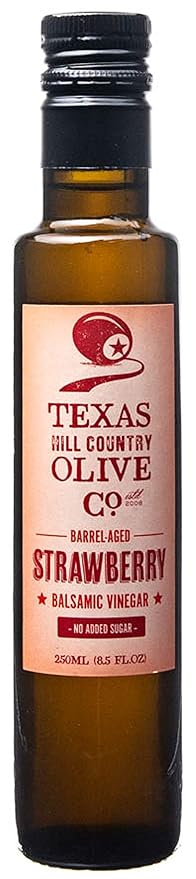 Strawberry White Balsamic Vinegar - Gourmet Barrel Aged Infused Balsamic Vinegar - Great for Dressing Dipping Glazing - No Artificial Flavors or Added Sugar - Made in Texas (8.5 oz)