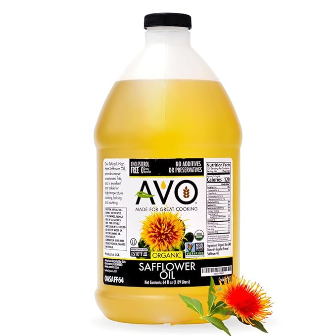 AVO Organic High Oleic Safflower Oil - Frying, Baking, Non-stick Saut챕ing, Salads, Vinaigrette, Marinades, Pan Coating, General Cooking 64 Fl-oz (Half a Gallon), No preservatives, Naturally Processed