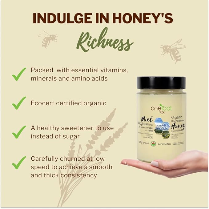 Oneroot 100% Organic Canadian Flower Honey - 17.6 Oz/1.1 Lbs, White Honey Wildflower Unfiltered, Unheated & Creamed, Nutrient Rich Raw Wildflower With Enzymes, Thick Natural Sweetener