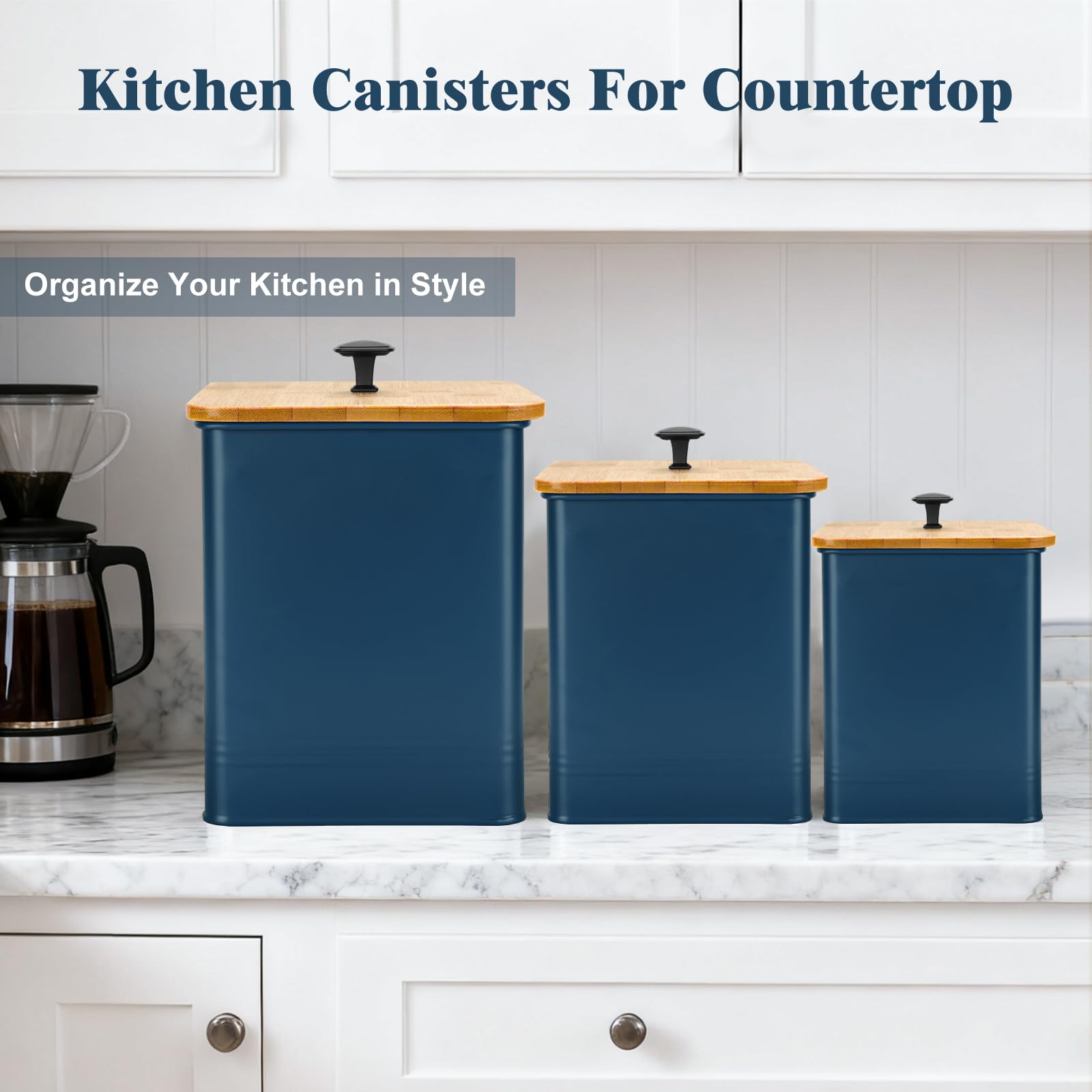 Kitchen Canisters Set of 3, Metal Flour Sugar Storage Containers with Airtight Lids-Canisters Sets
