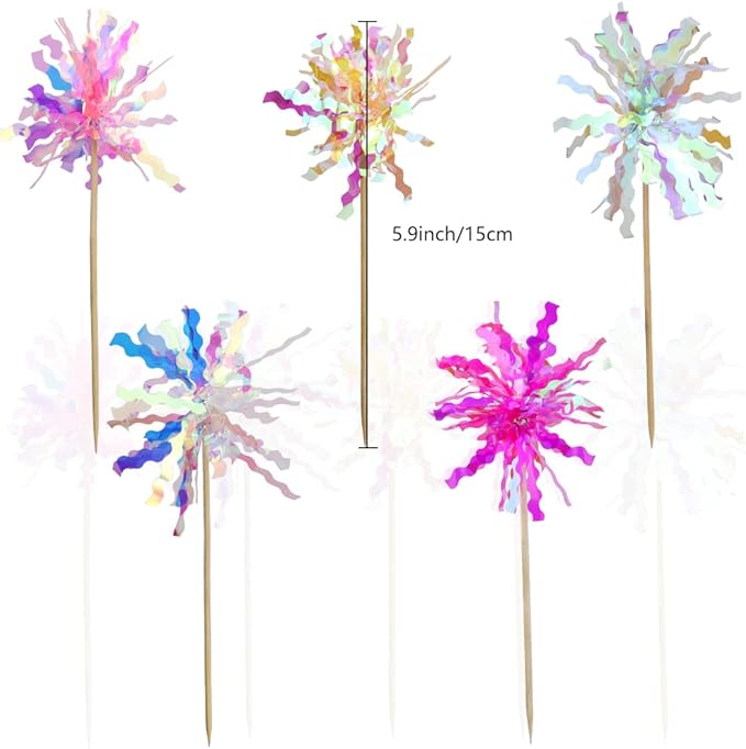 10 Pcs Happy Birthday Cake Toppers Foil Firework Cupcake Toppers Sparkle Tinsel Drink Stirrers Flowers Cake Decoration Cocktail Food Fruit Toothpick for Cake Decoration Party Supplies