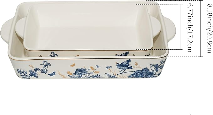 Baking Pans Set of 2 Blue flower 14 inch Ceramic for Oven Large Casserole Baking Dish Set with Handles Porcelain Bakeware Sets Casserole Dish for Oven/Cooking/Kitchen/Cake Dinner