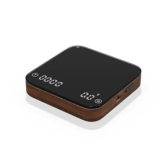 KitchenTour Caf챕Metric Coffee Scale with Timer 0.1g/2000g - Precision Scale for Espresso & Pour Over - Water Flow Speed Mode and Coffee Powder-to-Liquid Ratio Mode - Rechargeable, LCD Display-Wood