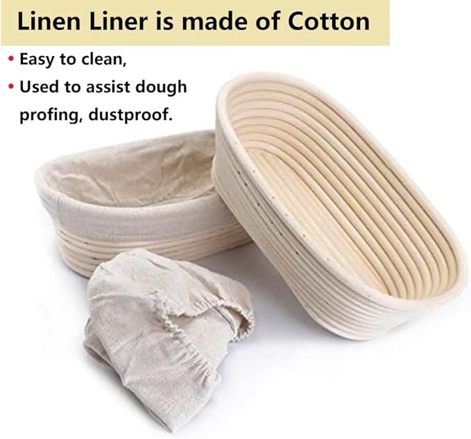 2 Pack 10 Inch Oval Bread Proofing Basket,Banneton Basket Bread Baking Bowl with Linen Liner Cloth, for Professional & Home Bakers Baking