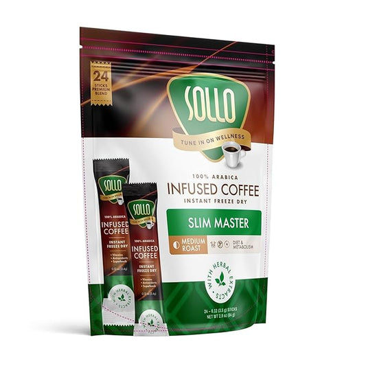 SOLLO Slim Infused Instant Coffee sticks (24 Servings) Weight Loss Healthy Body Support, Medium- Dark Roast, 100% Arabica Freeze Dried Coffee in Single Serve Sticks.
