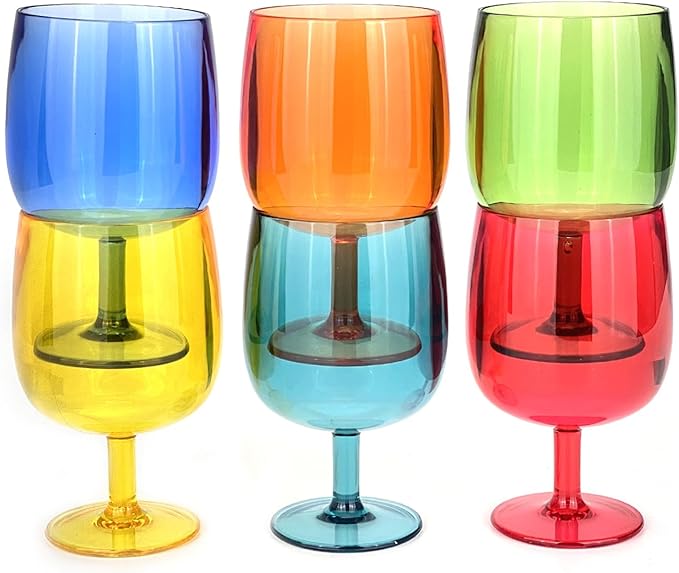 Yalin Set of 6 Unbreakable 12 oz Acrylic Plastic Wine and Water Tumbler Stackable Goblets. (Multicolor, 12 oz)