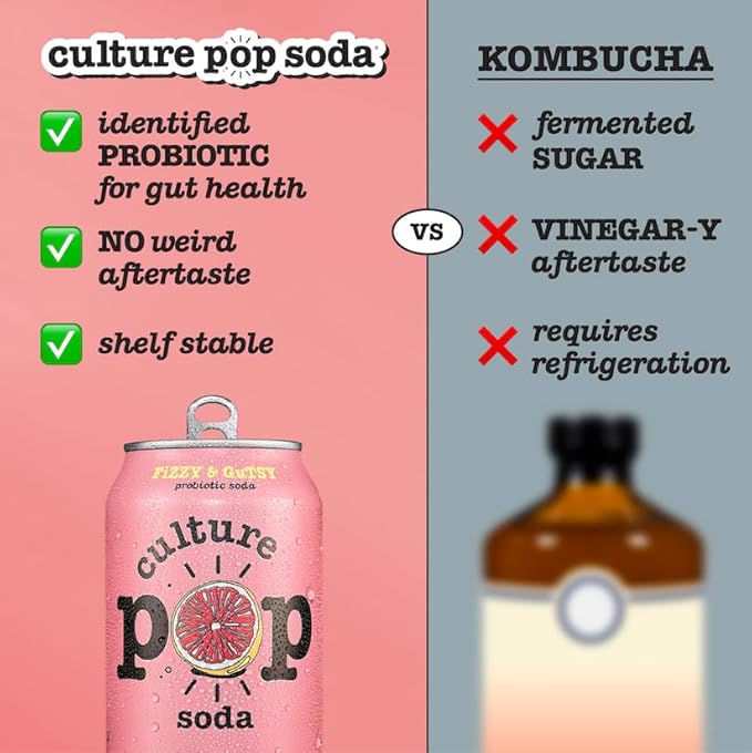 Culture Pop Soda, Pink Grapefruit & Ginger, Probiotic Low Sugar Soda, Sparkling Juice Alternative, Non-GMO, Kosher, Gluten-Free, No Stevia (12pk)